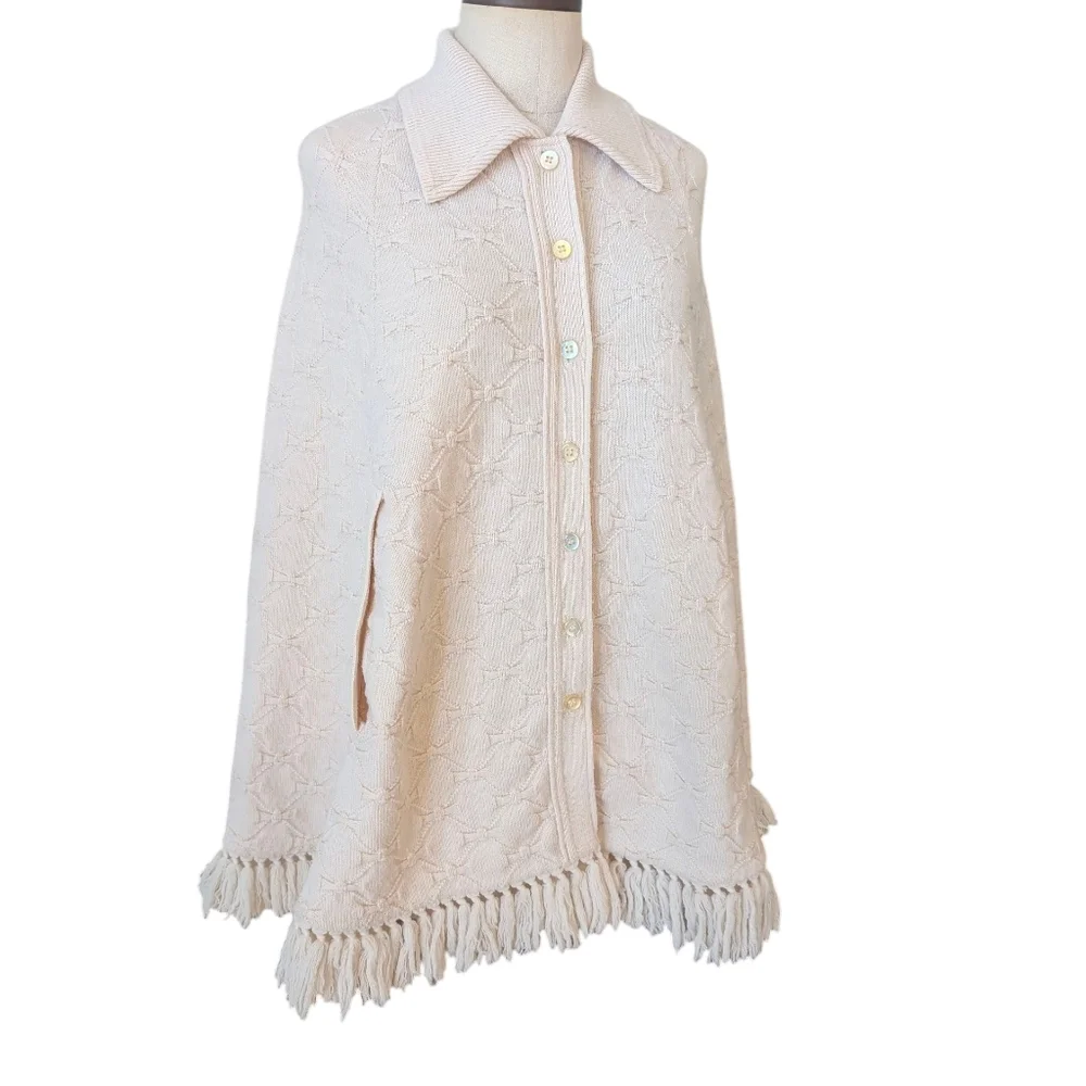 Vintage Cuddle Knit fringed, button up, knit capelet W arm holes. Medium